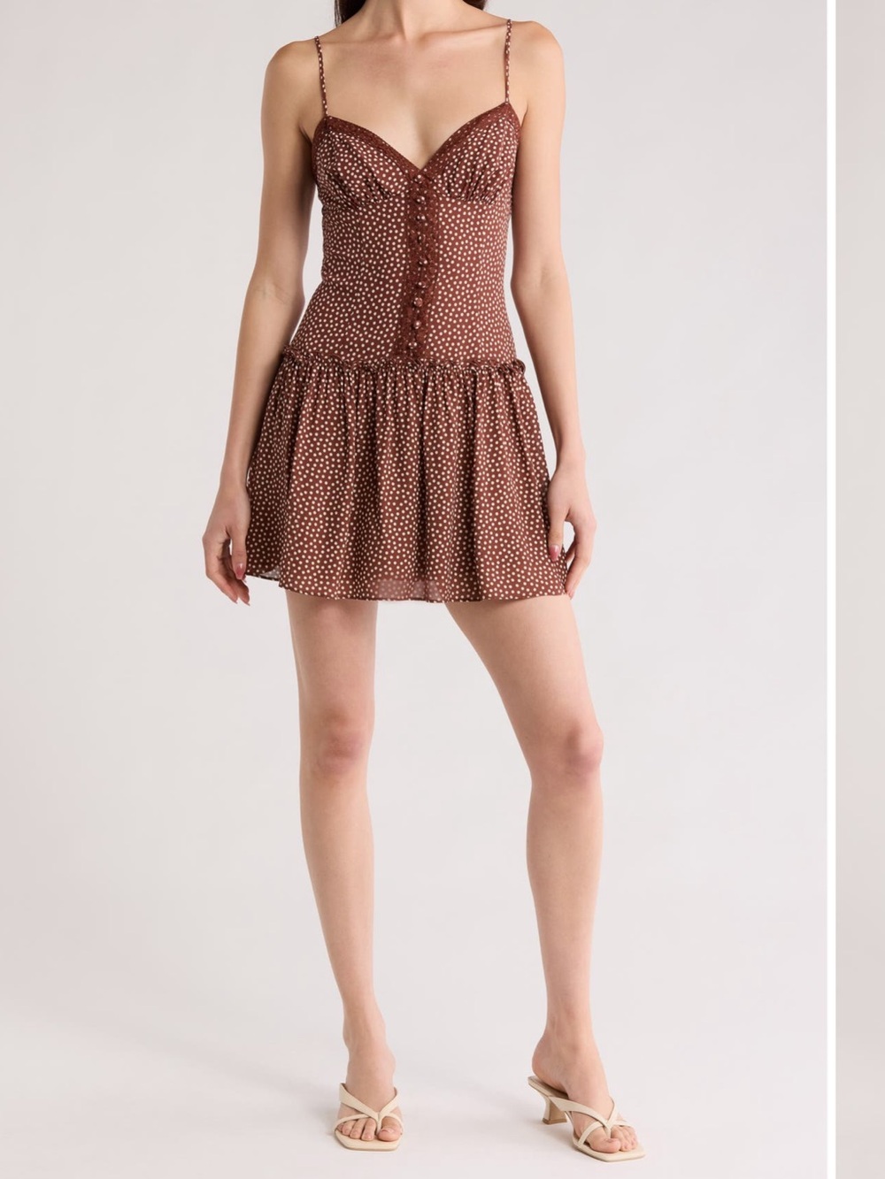 Reformation Citrus Polka Dot Lace Trim Drop Waist Sundress Brown Cream